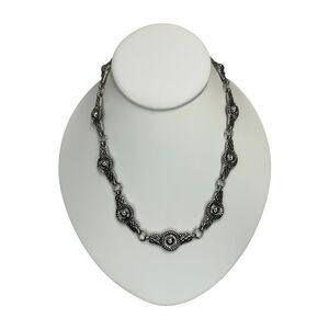 VTG Silver-Tone Link Necklace 17.5” Art Deco Statement Jewelry Fold Over Clasps